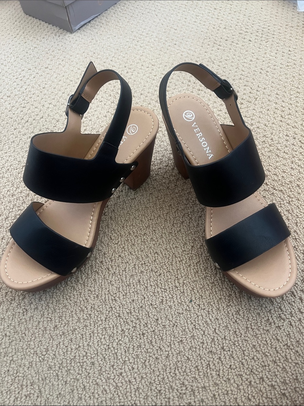 Versona Black Two-Strap Block Heel Sandals